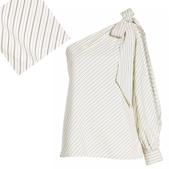 BP. Black & White Pinstripe Split Long Sleeve One Shoulder Dress Blouse Sz XXS - Picture 2 of 16